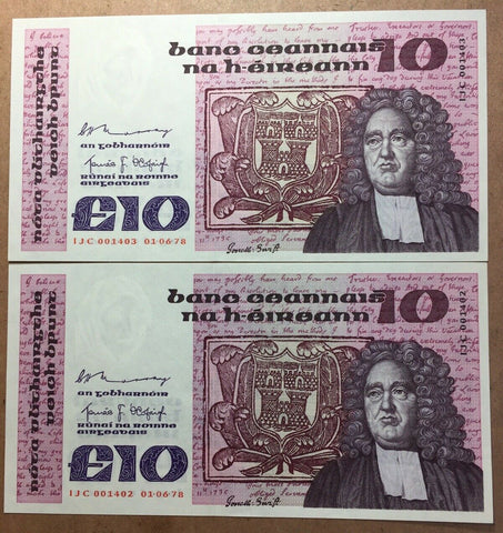 Ireland Banknote, Republic, 1978 10 Pounds Consecutive Pair