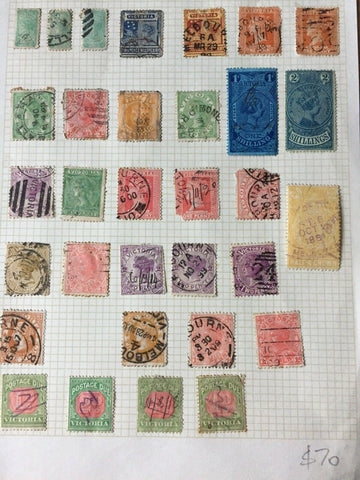 Victoria Page with 32 Stamps Mostly Used Includes 1/- 2/- & 2/6 Statues