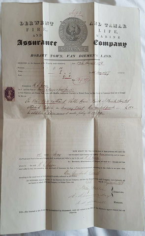 Tasmania 6d violet Chalon paying stamp duty on insurance contract. Beautiful doc