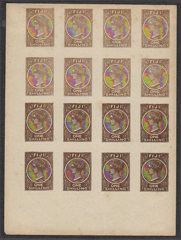 Fiji Pacific Islands 1/- Queen Victoria imperf sheet of 16. Fournier forgery