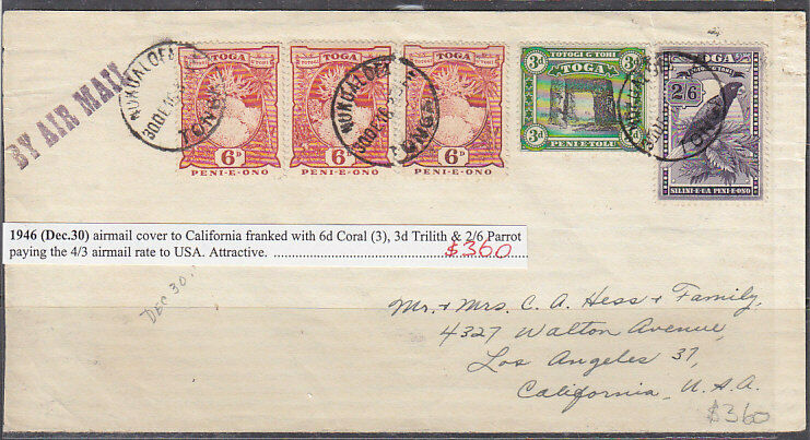 Tonga Airmail cover to California franked with 6d coral (3), 3d trilit