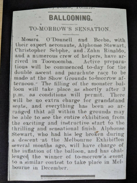 Australia 1908 Balloon Flight Toowoomba with Newspaper Cuttings Believed Unique