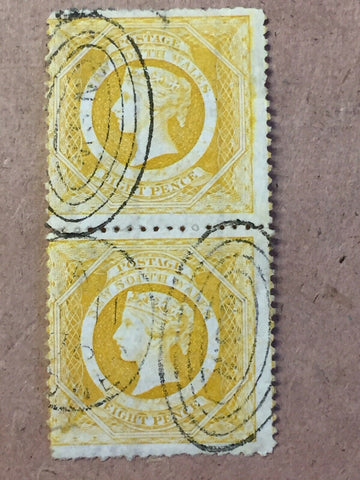 NSW Australian States 1877 8d Yellow diadem SG218 Used Pair. Small Tear On One