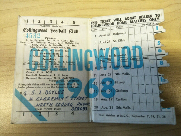 VFL 1968 Collingwood Football Club Season Ticket No. 4532