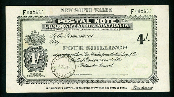 Australia NSW 4/-  Postal Note banknote postal stationery used Lismore1945