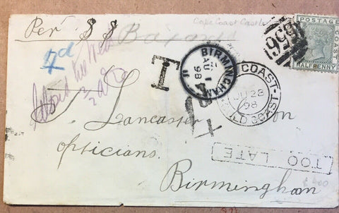 Gold Coast 1898 Queen Victoria Registered Cover Cape Coast to Birmingham Taxed4d