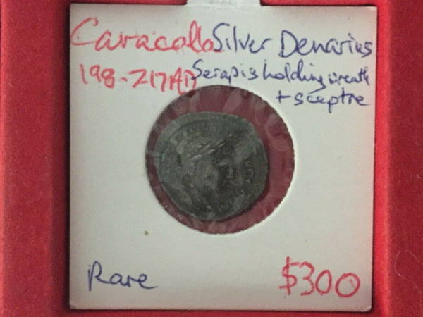 Carcalla Silver Denarius Rare Coin AD198-217 Serapis wreath and sceptre