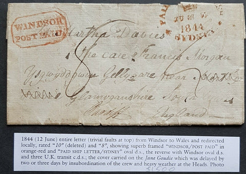 NSW Pre stamp shipletter Windsor Ju 12 1844 to Wales arrived 11 April 1844
