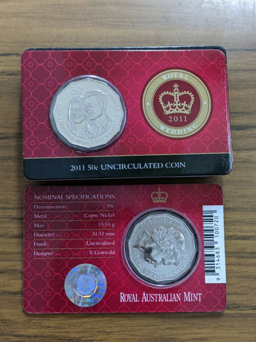 2011 Fifty Cents 50c Uncirculated ROYAL WEDDING WILLIAM & KATE Coin on Card