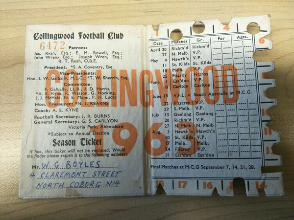 VFL 1963 Collingwood Football Club Season Ticket No. 6472
