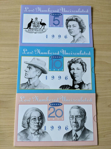 1996 $5, $10 ,$20 Deluxe Banknote Folders Black Serial Numbers cat $410