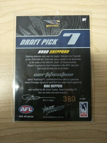 2010 Select Prestige Draft Pick Signature Brad Sheppard West Coast No. 380/400