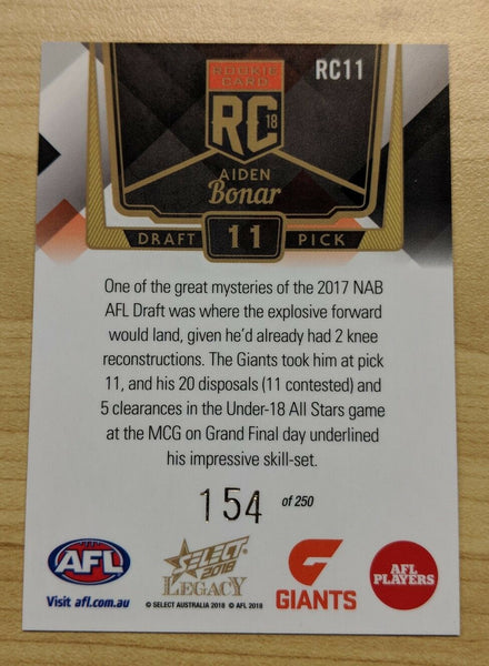 2018 AFL Select Legacy Rookie card AIDEN BONAR GWS Giants RC11 154/250