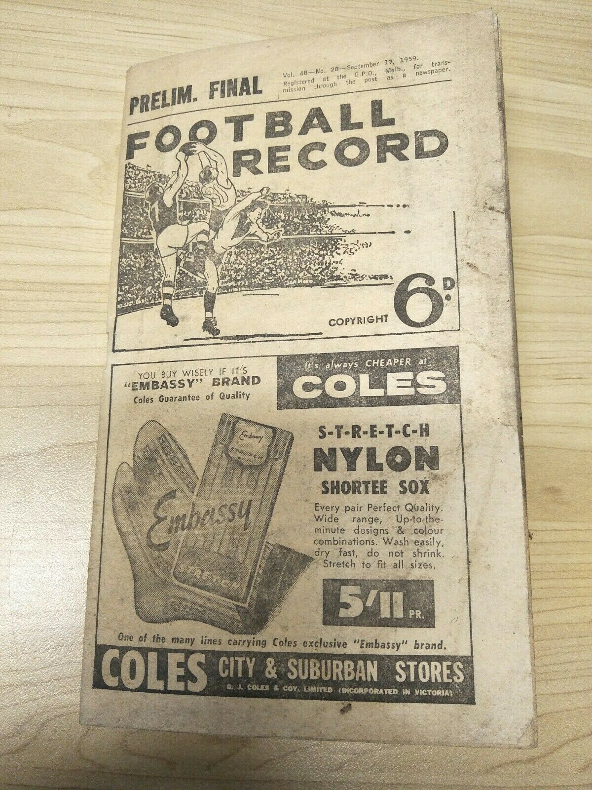 VFL 1959 September 19 Football Record Preliminary Final Essendon v Carlton