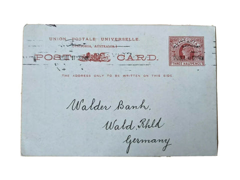 Victoria Australian Colonies 1910 Three Halfpence UPU Post Card sent to Walder Bank Germany PC19