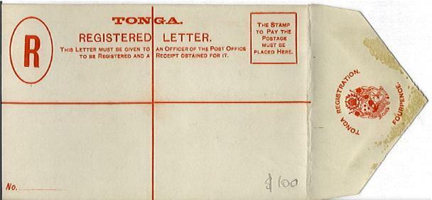 Tonga postal stationery Registered envelope, 4d arms red on white, mint. Fault