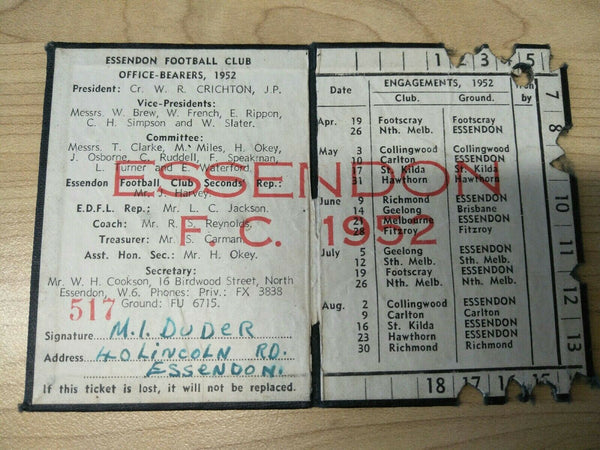 VFL 1952 Essendon Football Club Membership Season Ticket No. 517