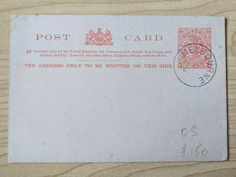 Victoria 1d Postcard OS in die cancelled to order postal stationery