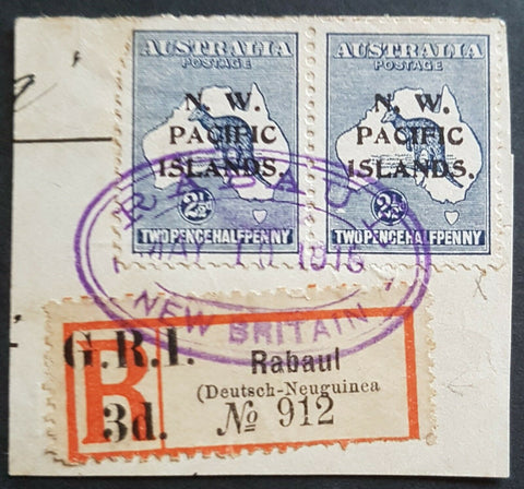 3d GRI on German New Guinea Rabaul registered label, bracket error SG 33de U