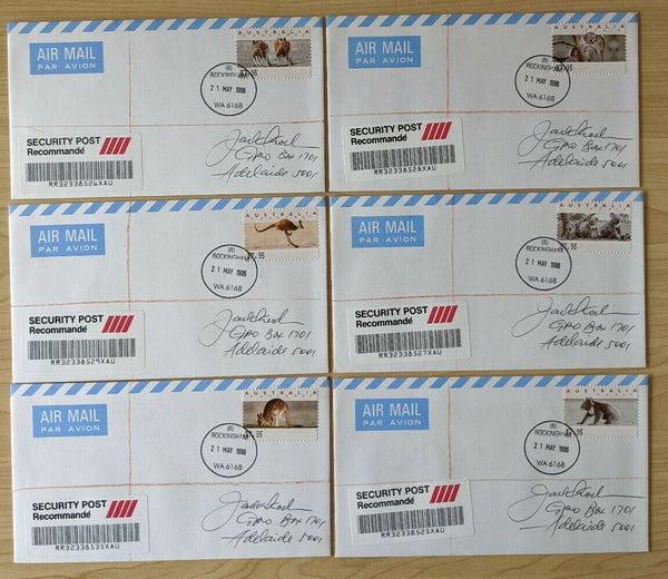 Australia $7.95 Counter-printed stamps Roos & Koalas on 6 Registered Envelopes