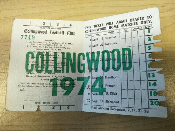 VFL 1974 Collingwood Football Club Season Ticket No. 7749