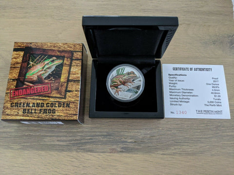 Tuvalu Perth Mint Endangered and Extinct Green & Golden Bell Frog 1oz Silver Proof Coin