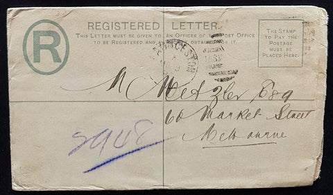 Tasmania - Victoria Australian States 3d registered envelope HG RE3 Launceston