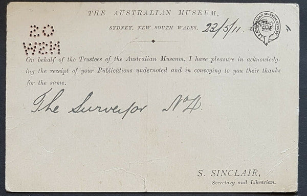 NSW Australia 1d Arms Post Card perforated OS from Museum similar to HG 30 used