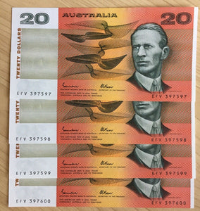 Australia R409a $20 Johnston/Fraser OCRB serial No. Banknote Run of 4 Uncirc