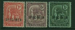 St Vincent, West Indies, Caribbean, SG 99s/101s Set of 3 optd Specimen MLH