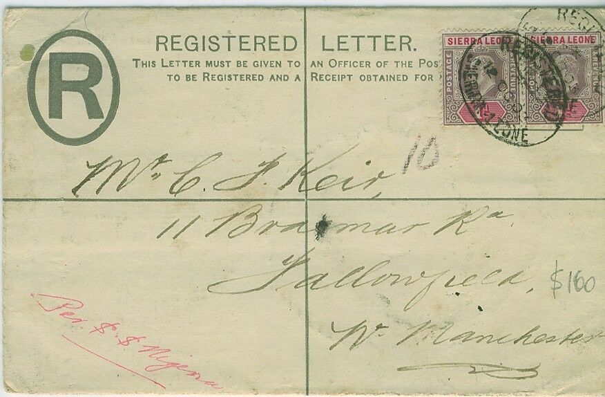 Sierra Leone - GB Registered Envelope postal stationery with 2 x 1d KEVII