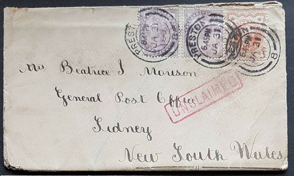 GB - NSW Ja 31 1900 inwards solicitors letter to Sydney with unclaimed handstamp