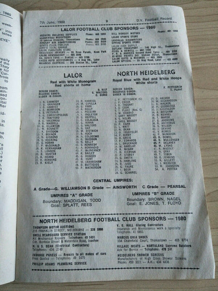 Football 1980 7th June Diamond Valley Football League Football Record Vol. 24, No. 9