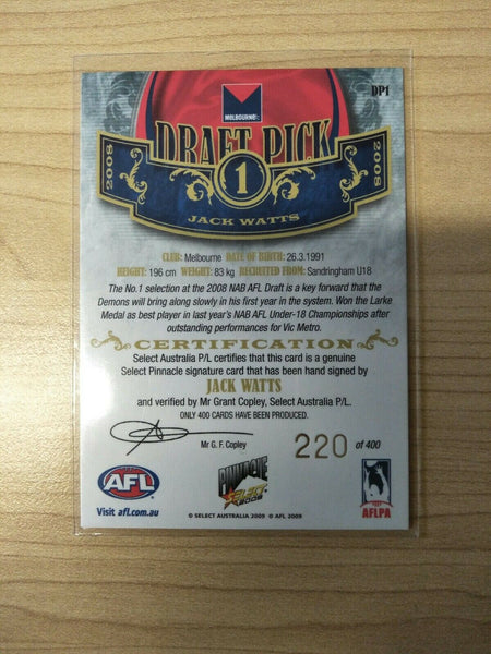 2009 Select Pinnacle Draft Pick Signature  Jack Watts Melbourne No. 220/400