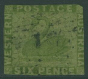 WA Western Australia Australian States SG 28 6d sage-green Swan birds cut into Used.