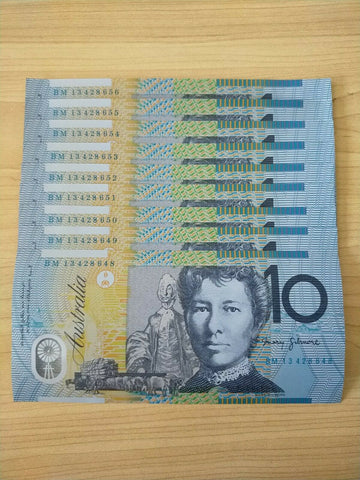 Australian $10 R322b Stevens Parkinson Run of 9 Uncirculated Banknotes