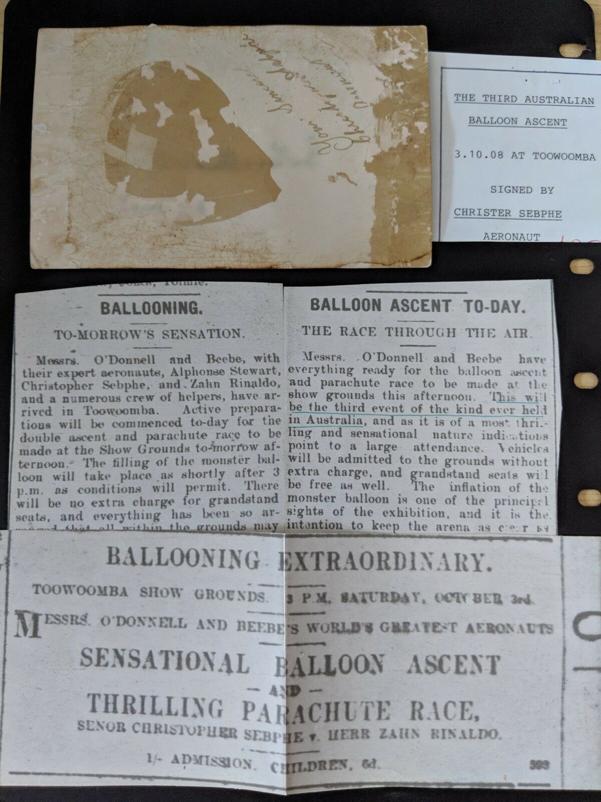 Australia 1908 Balloon Flight Toowoomba with Newspaper Cuttings Believed Unique