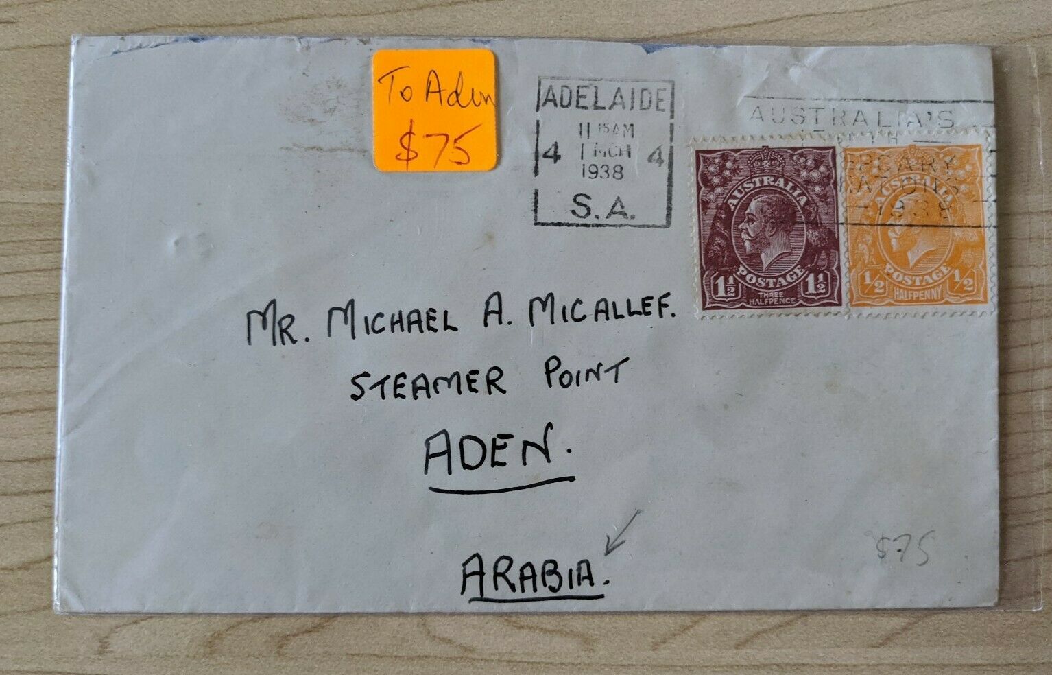South Australia to Aden Cover with KGV ½d and 1½d Stamps