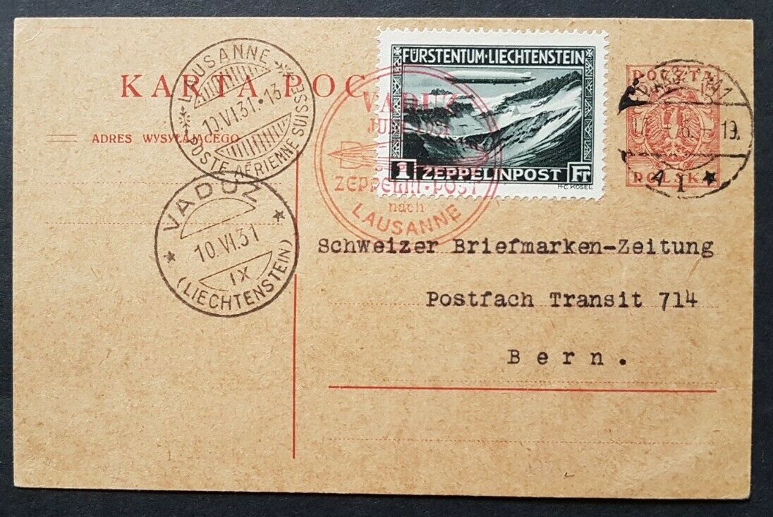 Poland Switzerland Liechtenstein 1931 Zeppelin flight cover with Zeppelin stamp