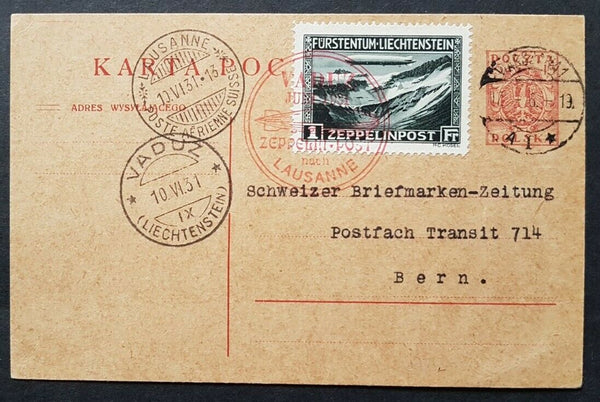Poland Switzerland Liechtenstein 1931 Zeppelin flight cover with Zeppelin stamp