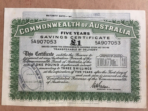 Australia 1945 £1 Small War Savings Certificate bank note superb condition