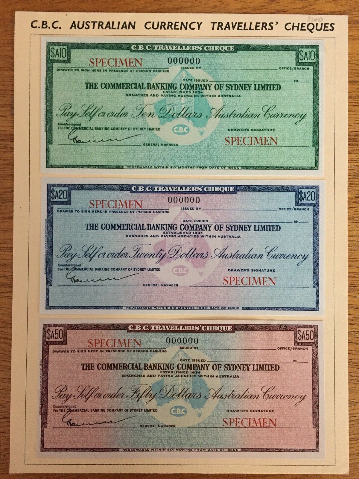 Australia Commercial Banking Company of Sydney 1971 $10, $20 & $50 Travellers Cheque Overprinted Specimen