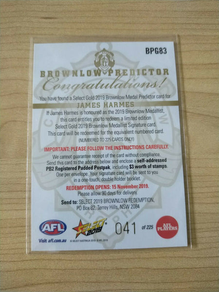 2019 Select Gold Brownlow Predictor James Harmes Melbourne