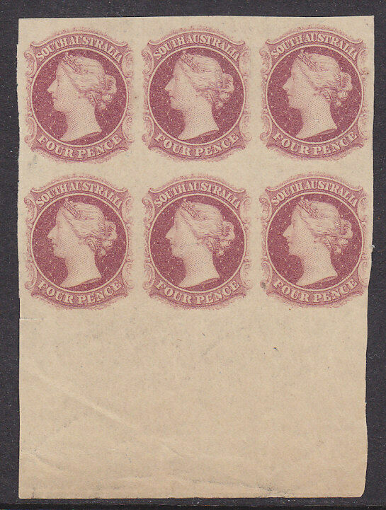 SA Australian States 1868 4d Dull lake Plate Proof marginal block of 6