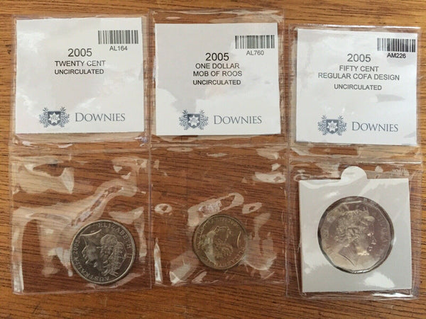 Australia 2005 6 Coin Set Plus WWII 20c, 50c, $1 &    50c Student In Special Folders. Unc