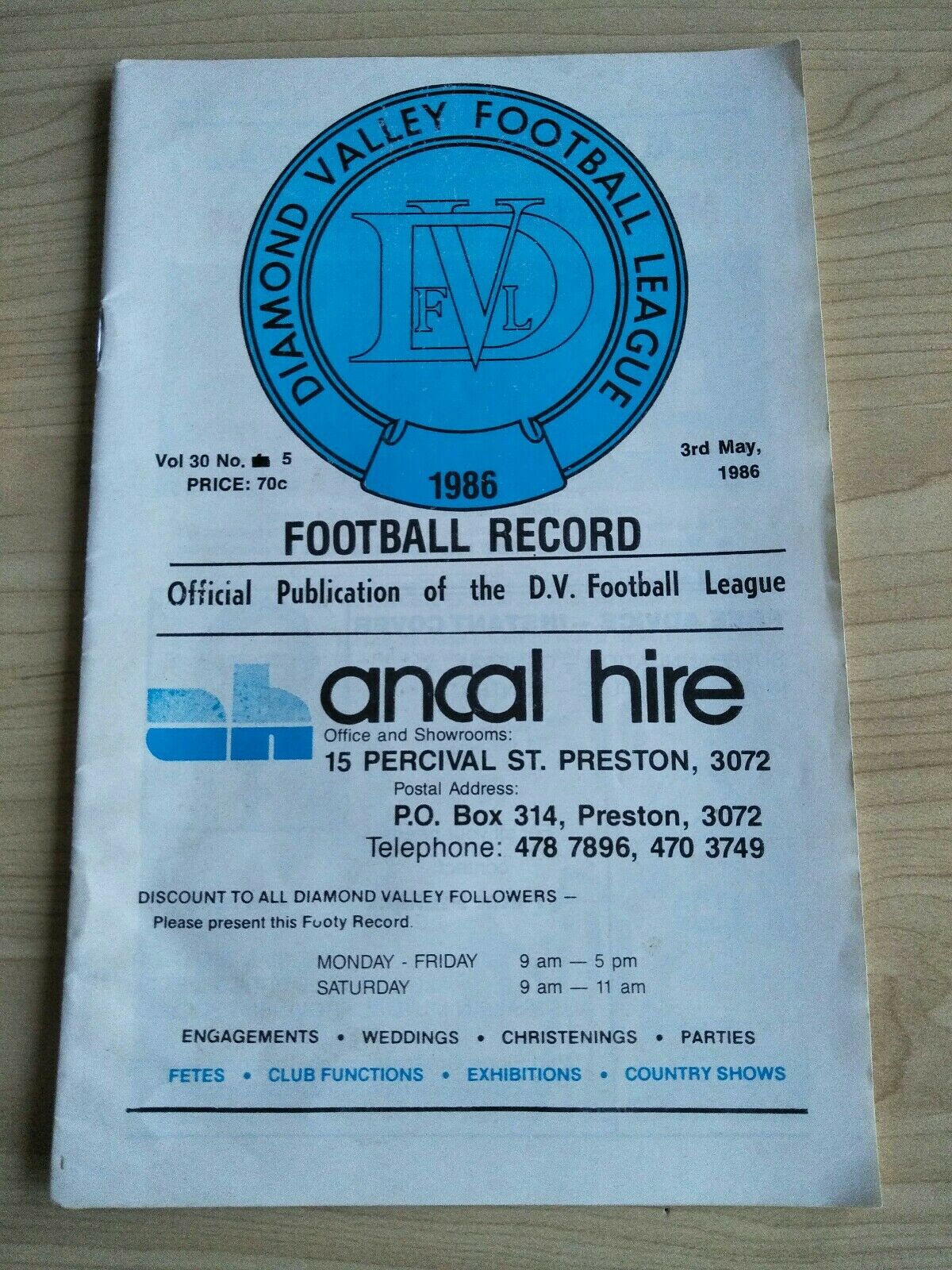 Football 1986 3rd May Diamond Valley Football League Football Record Vol. 30, No. 5