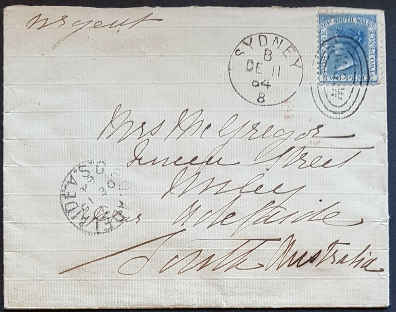 NSW - SA 2d Queen Victoria, earliest known squared circle date stamp of Unley.