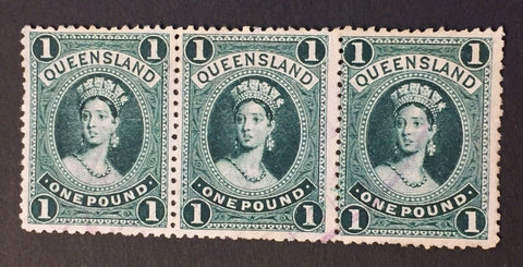 Queensland 1883 £1 Deep Green Chalon Strip Of 3 Fiscally Used SG156