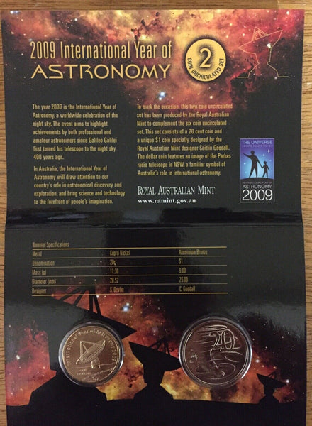 Australia 2009 Royal Australian Mint International Year of Astronomy Uncirculated 20c & $1