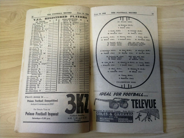 VFL 1956 June 16 Football Record St Kilda v Collingwood